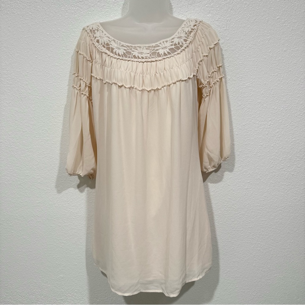 heart soul pink beige lace crochet boho long sleeve peasant blouse tunic dress